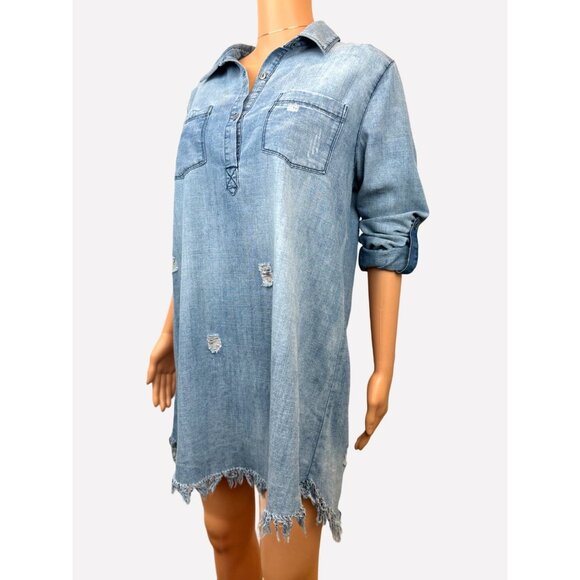 Distressed Denim Shirt Dress By En Crème Size M Long-Sleeve Frayed Hem Button-Up - Picture 3 of 11
